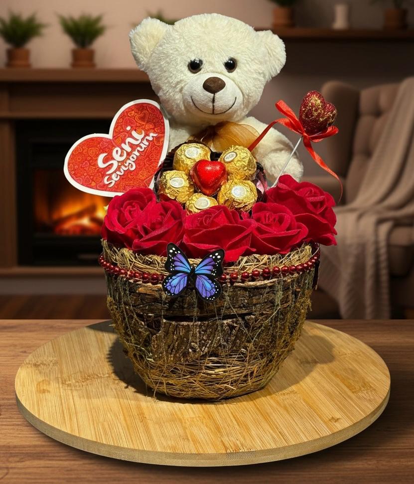 Seni Seviyorum Hediye Sepeti – Ayıcık, Gül & Çikolata