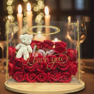 “I Love You” Yazılı Kulplu Cam Kutuda Ayıcıklı Gül Aranjmanı