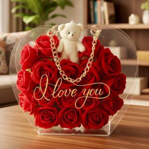 I Love You Yazılı Kalp Gül Aranjmanı (Ayıcık Detaylı)