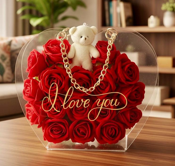 I Love You Yazılı Kalp Gül Aranjmanı (Ayıcık Detaylı)