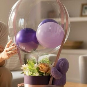 Mor Masal Balon Aranjmanı – Peluş Ayıcık & Çiçek