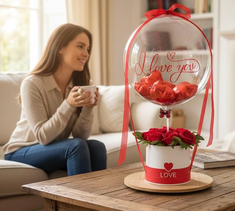 I Love You Aşk Balonu – Kalpli Gül Kutusu