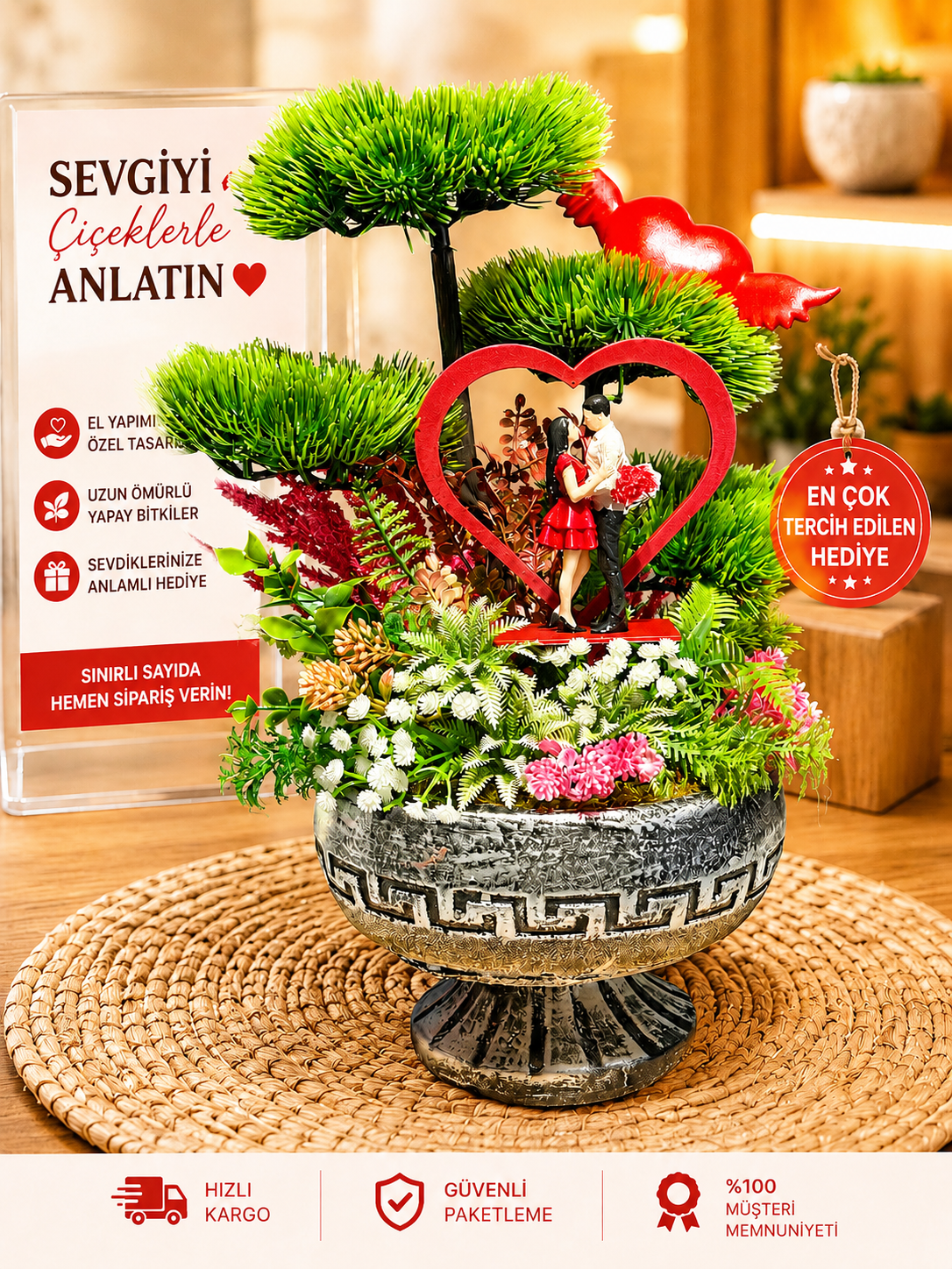 Sevgi Ağacı Yapay Çiçek Aranjmanı | El Yapımı Romantik Hediye